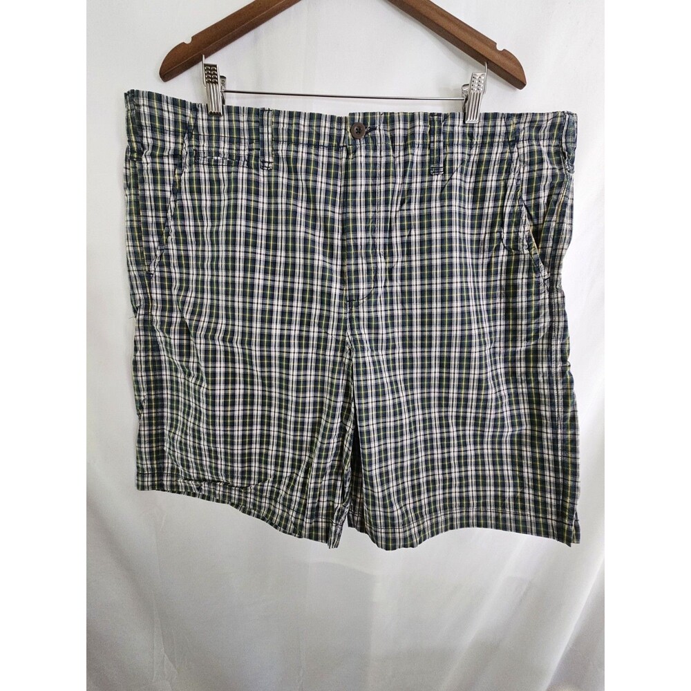 Merona Mens 44 Plaid Shorts Green Navy White Yellow Cotton Flat Front